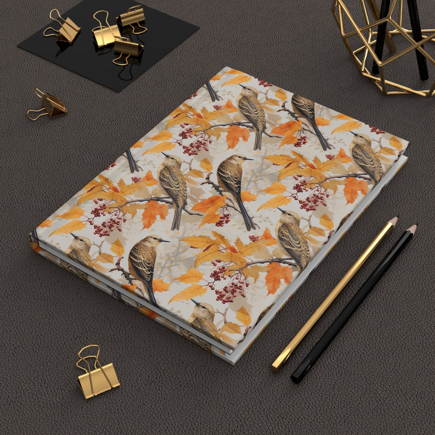 Autumn Finch Hardcover Journal — Watercolor Songbird & Fall Leaves Notebook