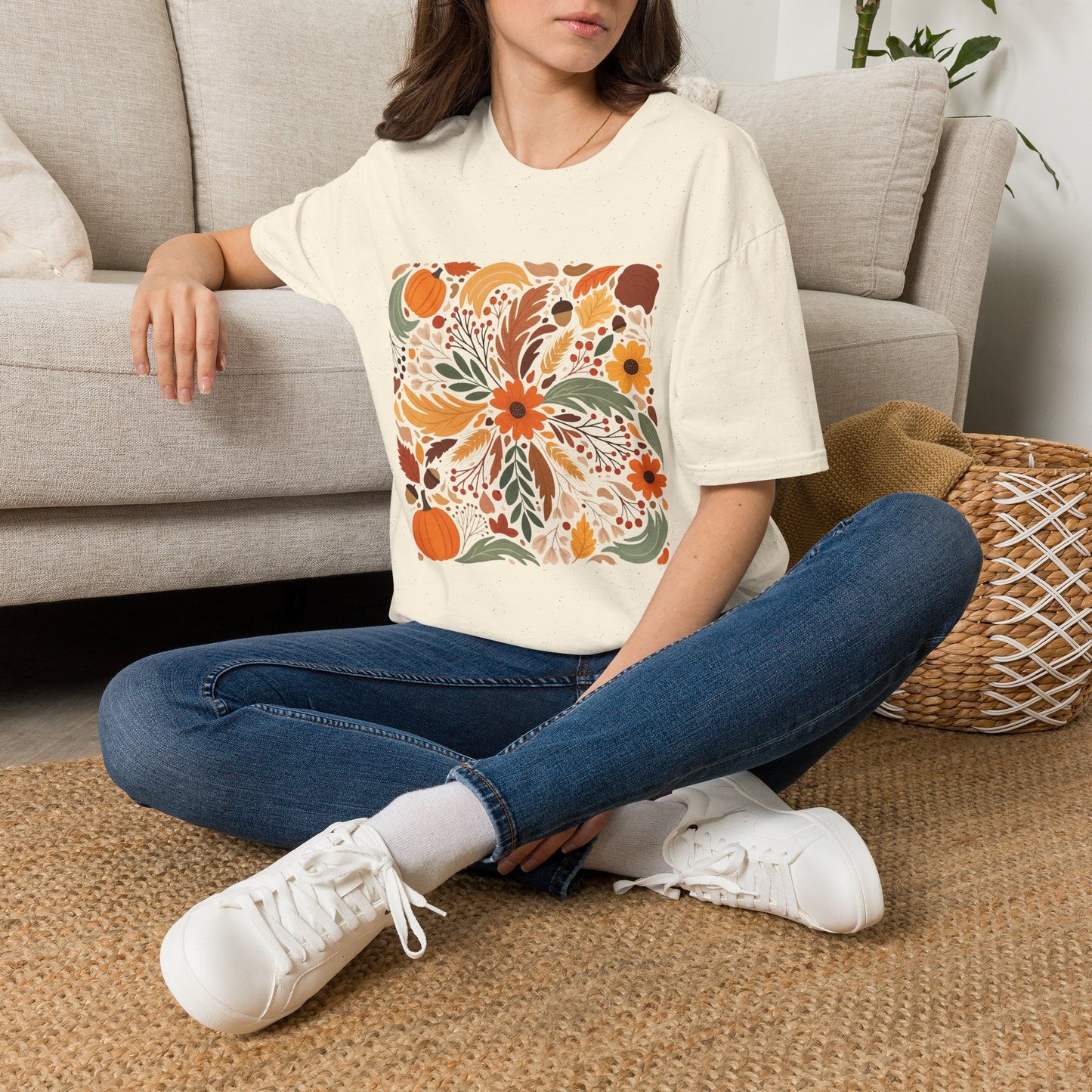 Graphic Autumn Harvest T-Shirt — Fall Leaves & Pumpkins Floral Tee