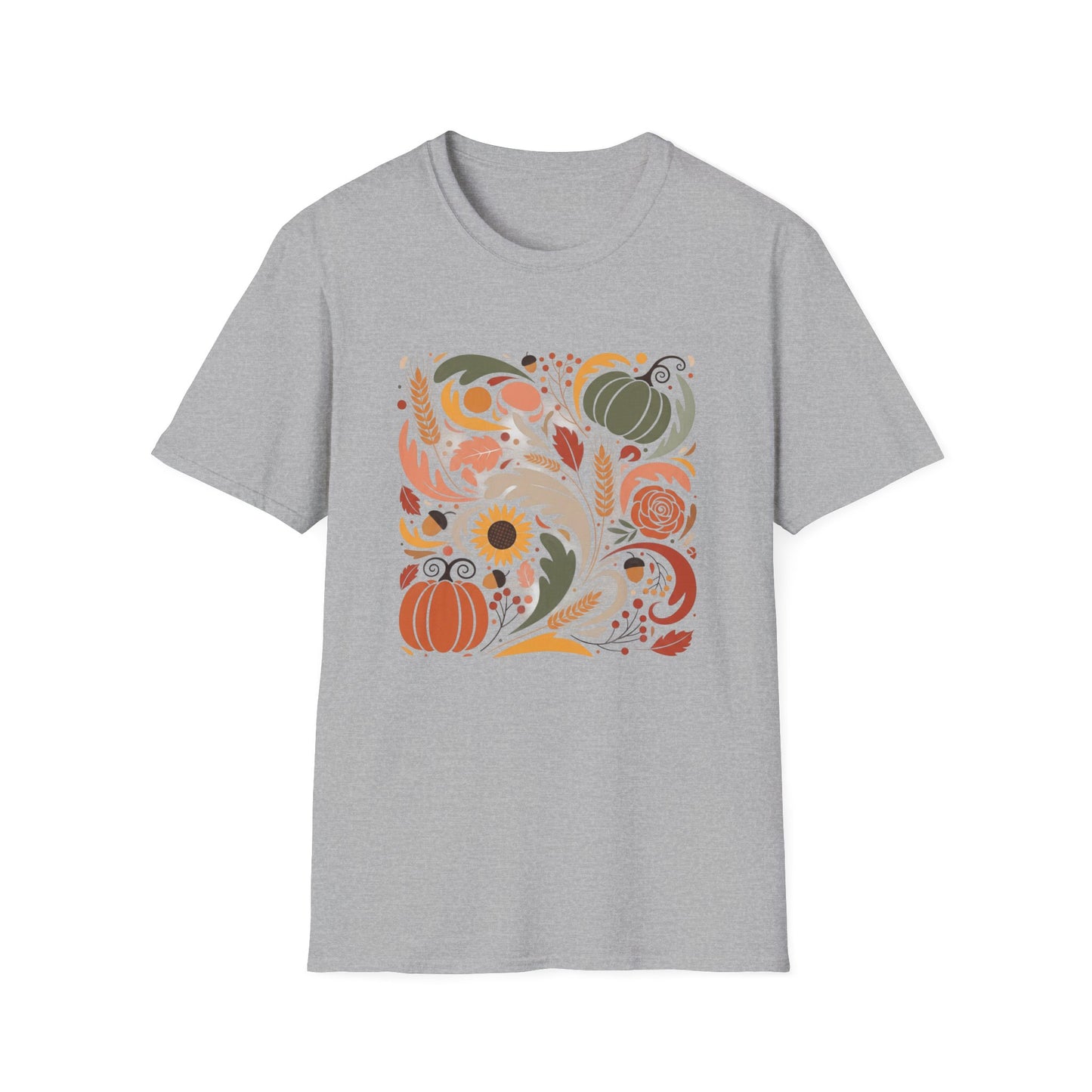 Colorful Autumn Harvest T-Shirt — Pumpkin & Sunflower Fall Graphic Tee